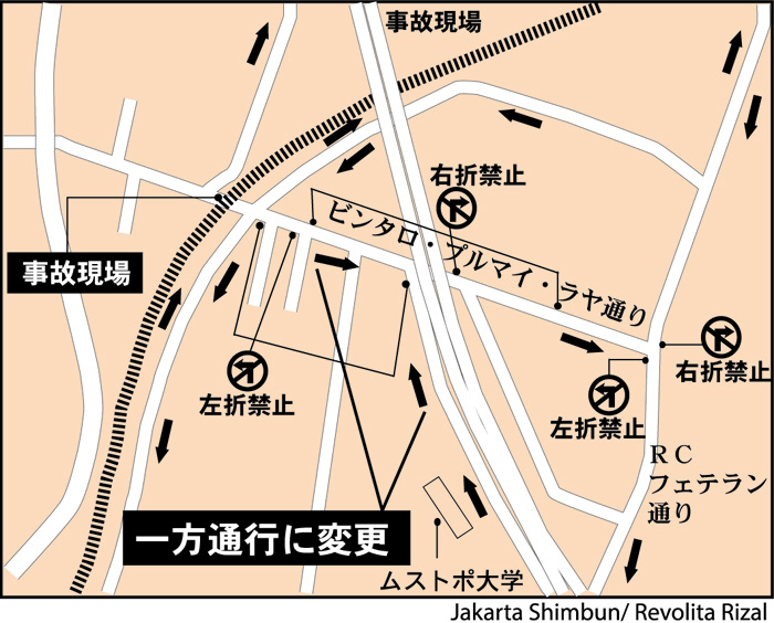 ビンタロ踏切事故で一方通行に