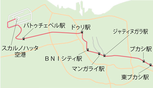 ブカシ駅まで延伸　空港鉄道　１日４本、１時間半