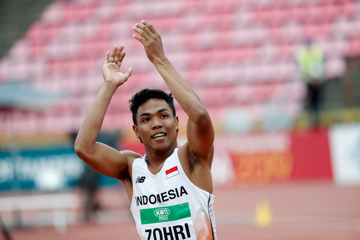 U―20世界陸上選手権男子100メートルで優勝したゾフリ選手=12日、アジア大会組織委員会提供